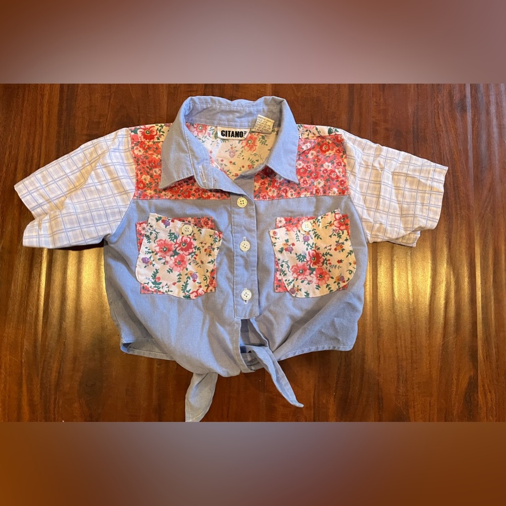 Vintage GITANO Girl's 5 Blue Pink Denim Shirt Button Down Tie Western Floral 90s